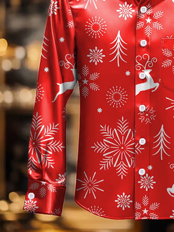 Men's Luxury Christmas Contrast Print Long Sleeve Pocket Shirt