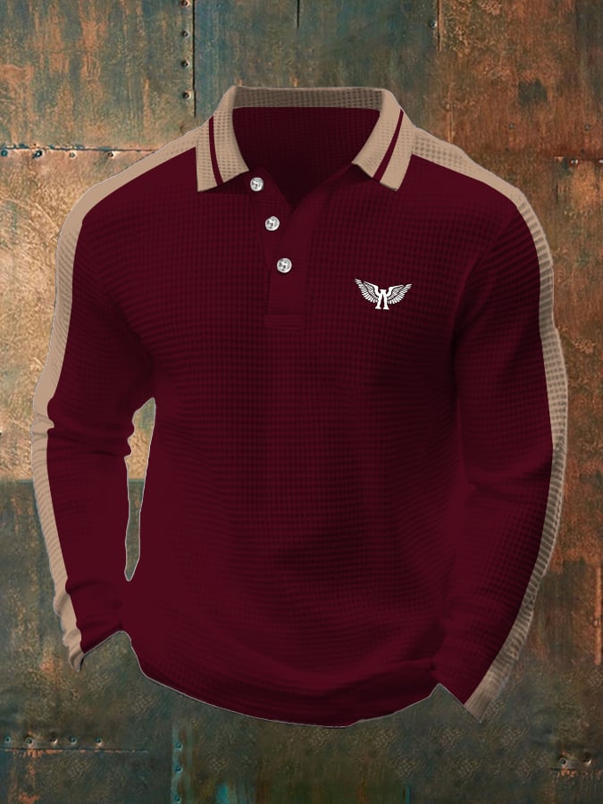 Men's Business Casual Waffle Fabric Long Sleeve Polo Shirt