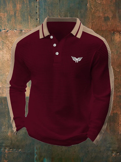 Men's Business Casual Waffle Fabric Long Sleeve Polo Shirt