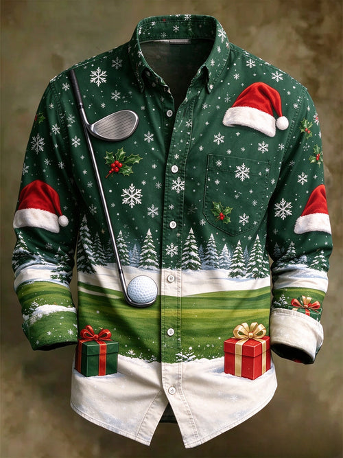 Men's Christmas Golf Theme Long Sleeve Button Up Holiday Shirt
