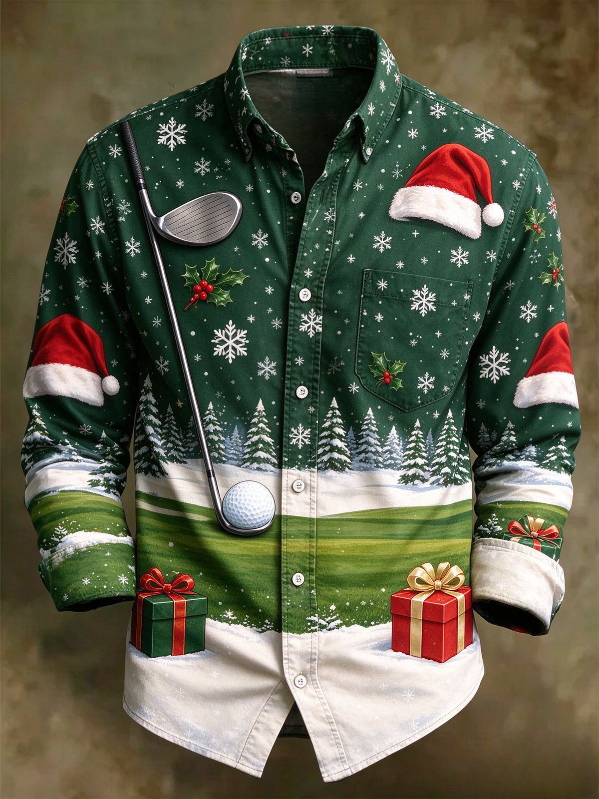 Men's Christmas Golf Theme Long Sleeve Button Up Holiday Shirt