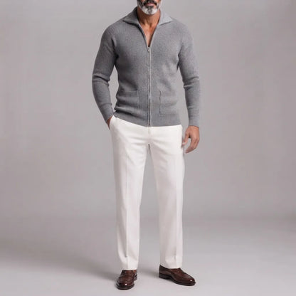 Men's Gray Ribbed Knit Patch Pockets Slim Fit Full Zip Cardigan