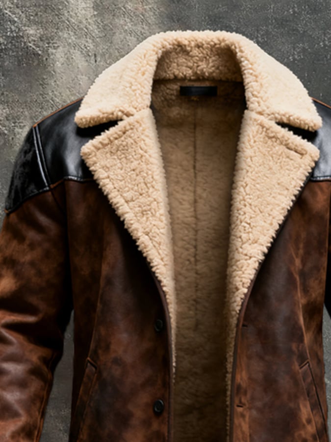 Men's Retro Splicing Contrast Color Large Lapel Suede Mid-Length Jacket