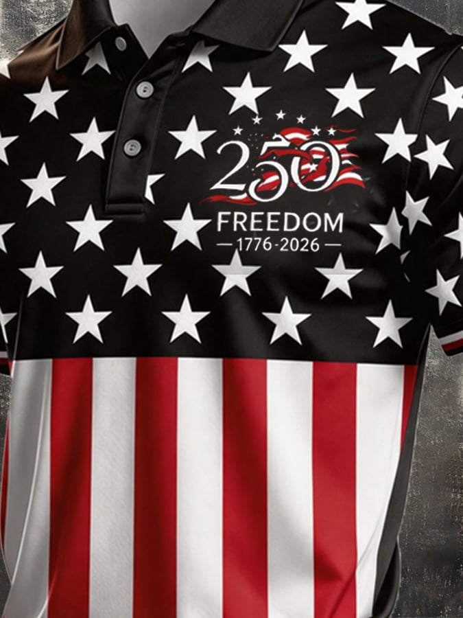 Men's Retro Patriotic Color-Block Short-Sleeve Polo Shirt