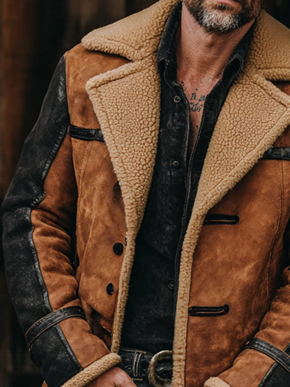 Men's Vintage Suede Patchwork Lamb Fleece Multi-Pocket Reverse Collar Outdoor Jacket Coat