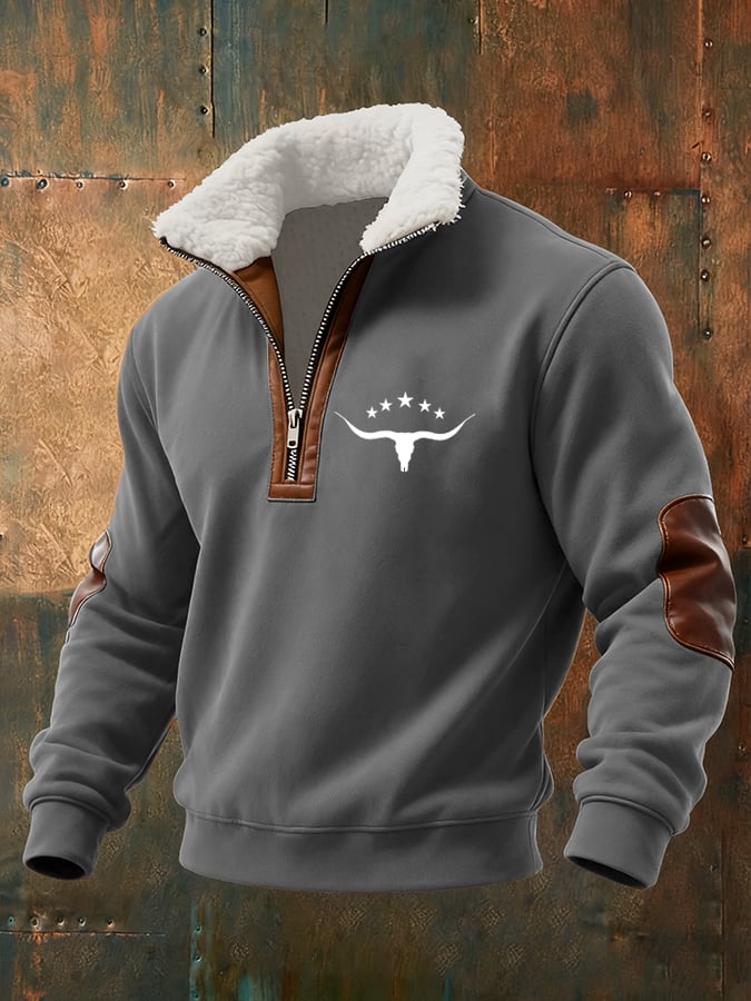 Men's Retro Western Cow Head Design Printed Plush Stand Collar Sweatshirt