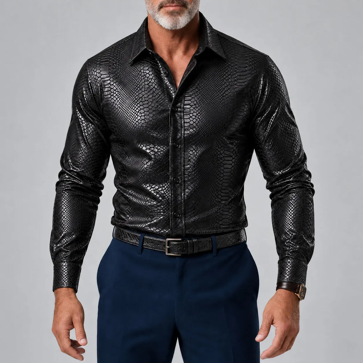 Men's Vintage Coffee Snakeskin Pattern Button-Up Slim Fit Glossy Long Sleeve Shirt