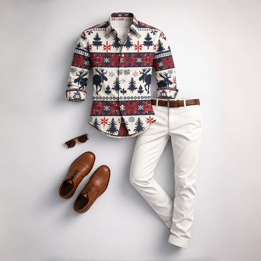 Men's Christmas-themed Long-Sleeve Shirt and Pants Set