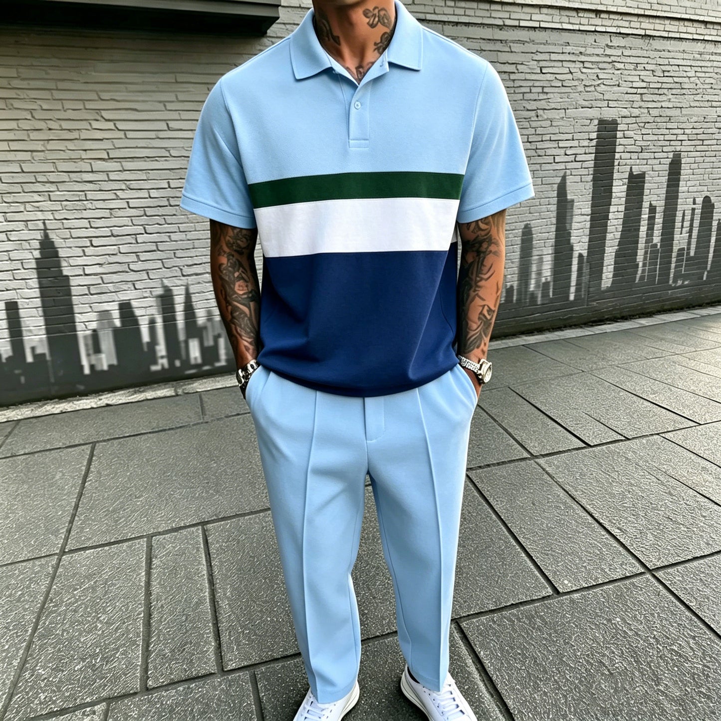 Men's Casual Navy Blue Printed Polo Shirt And Pants Two-Piece Set