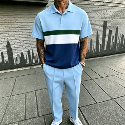 Men's Casual Navy Blue Printed Polo Shirt And Pants Two-Piece Set