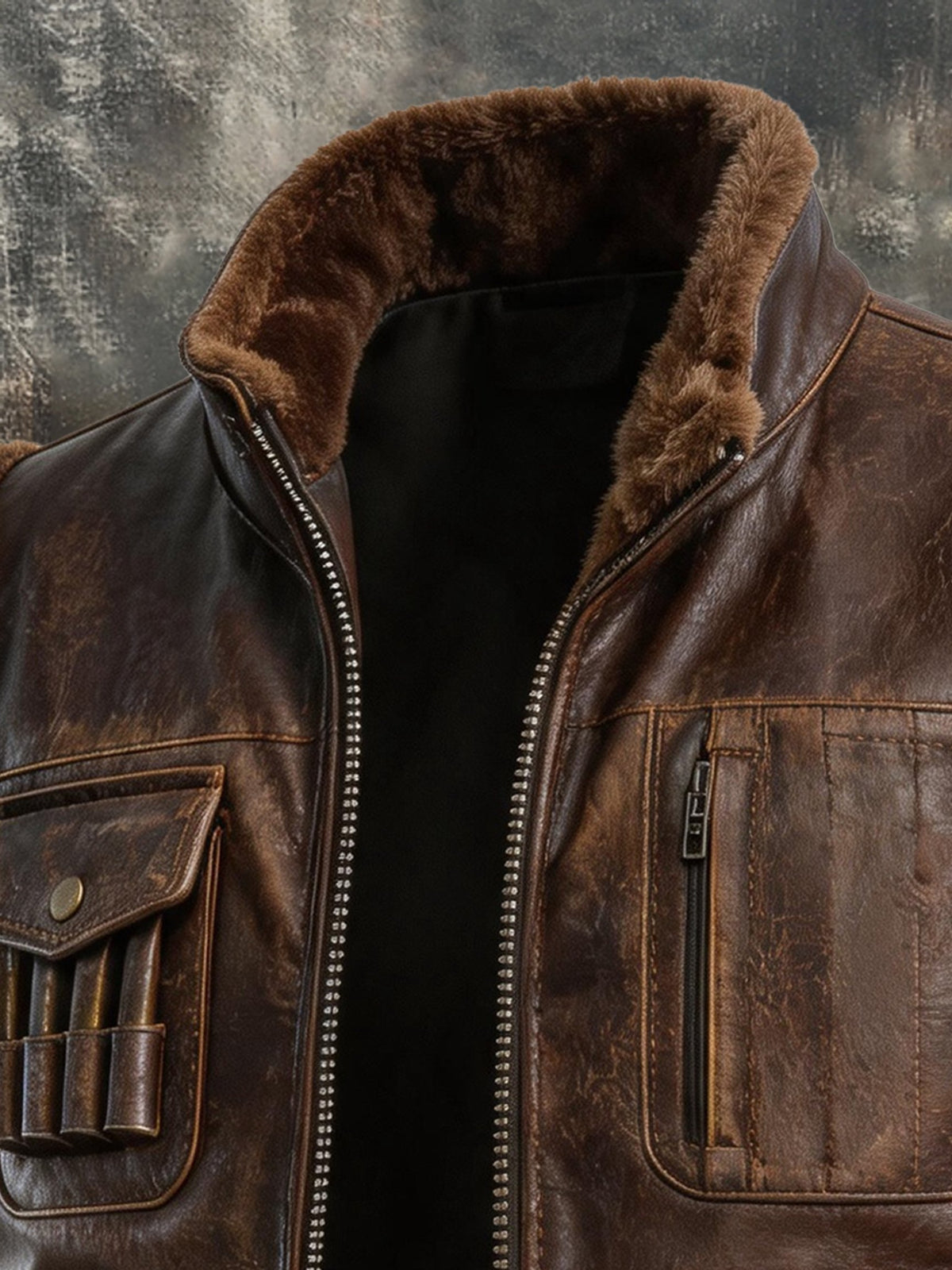 Men's Vintage-Style Leather Outdoor Multi-Pocket Warm Vest with Fur Collar