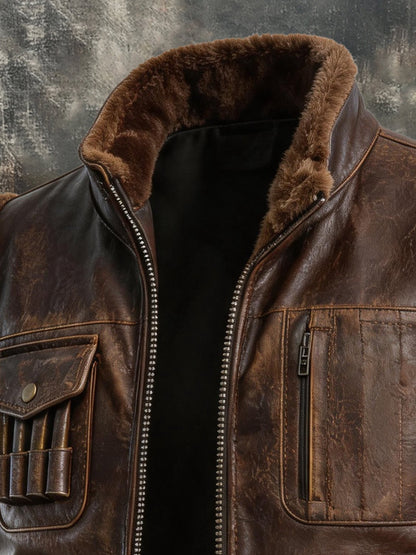 Men's Vintage-Style Leather Outdoor Multi-Pocket Warm Vest with Fur Collar