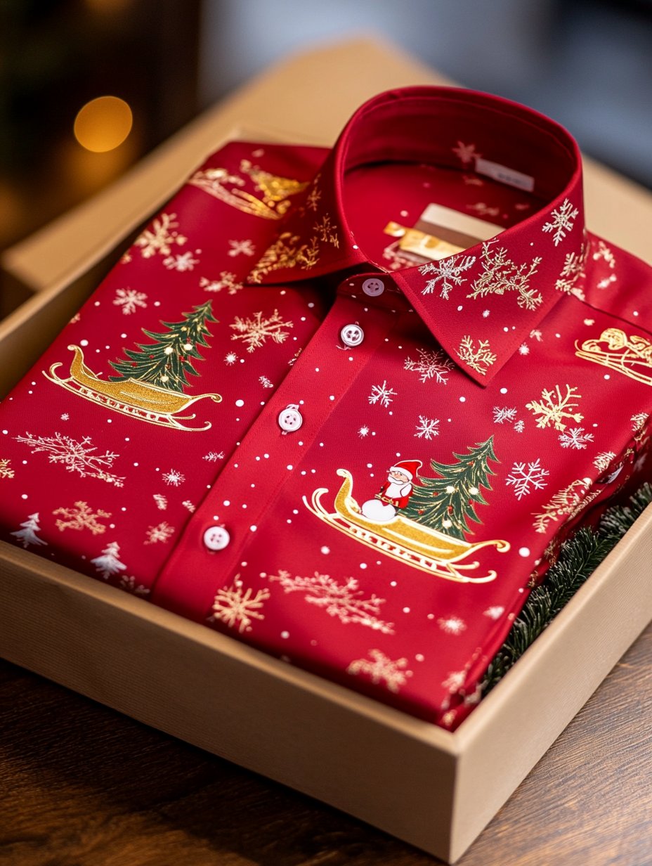 Men's Business Retro Sled Snowflake Print Long Sleeve Shirt