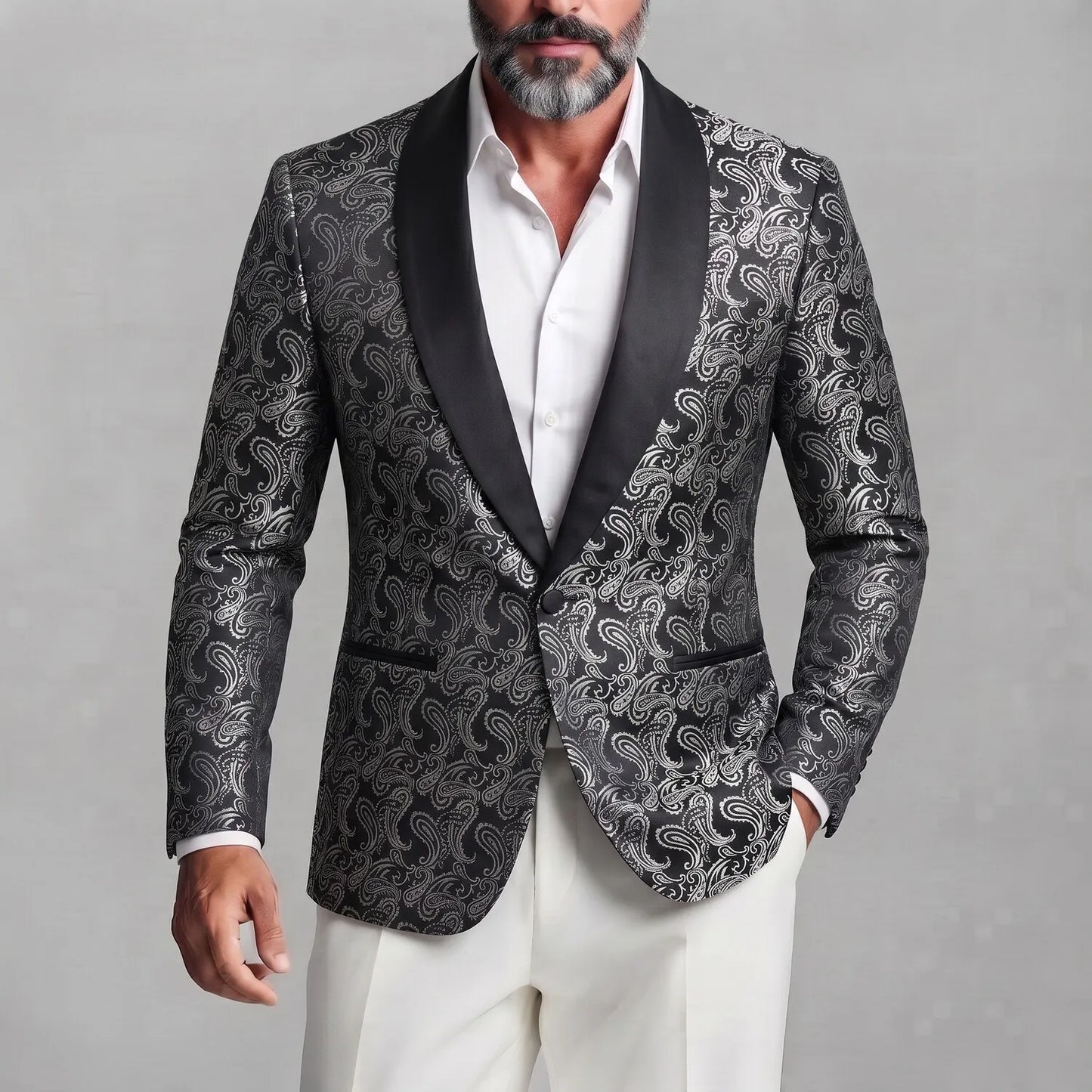 Men's Party Royal Blue Paisley Pattern Contrast Shawl Lapel Slim Fit Blazer