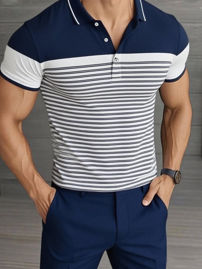 Men'S Casual Classic Striped Print Business Short-Sleeved Polo Shirt