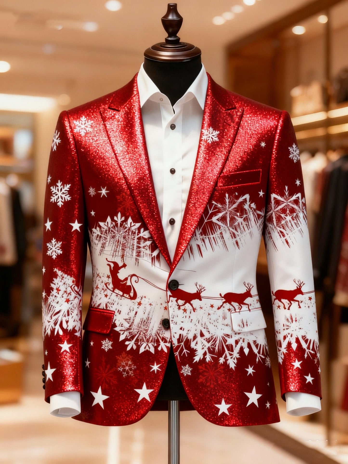 Men's Business Casual Large Pocket Vintage Christmas Pearlescent Print Blazers