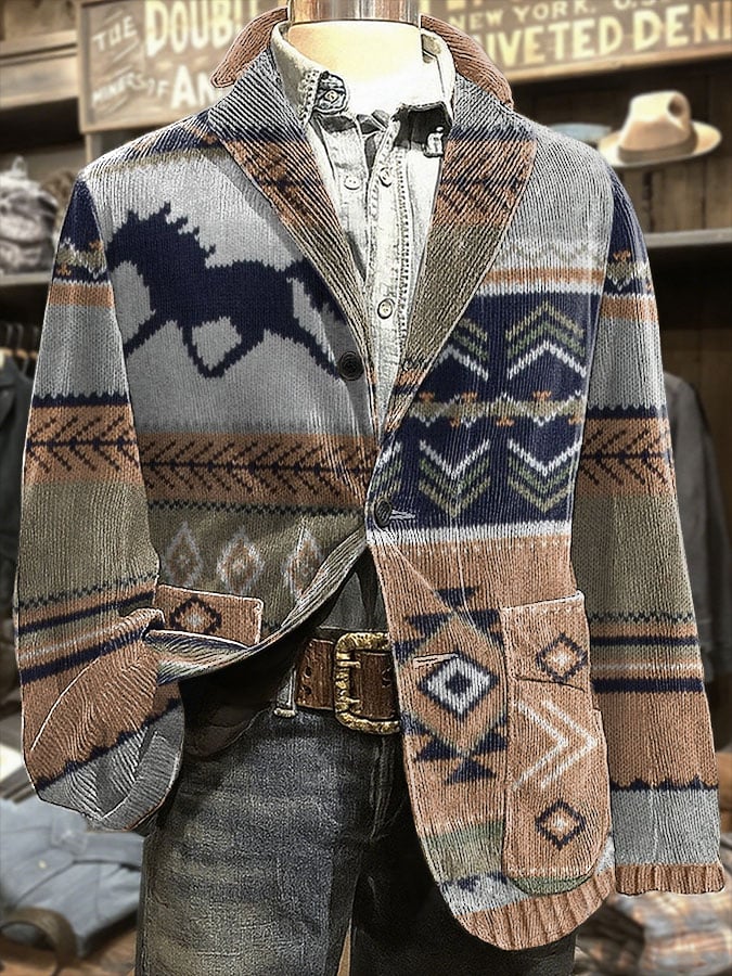Men'S Retro Western Style Print Casual Blazer