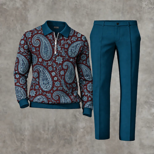 Men's Printed Zipper Polo Shirt and Pants Set