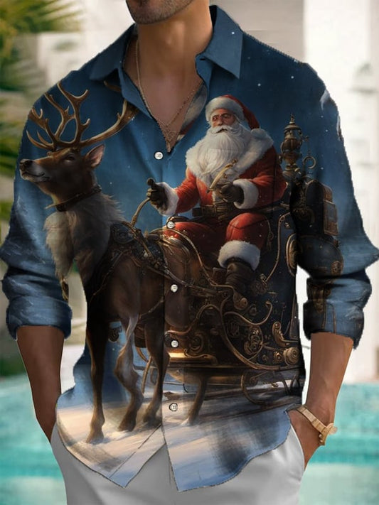 Men's Vintage Christmas Print Long Sleeve Lapel Shirt