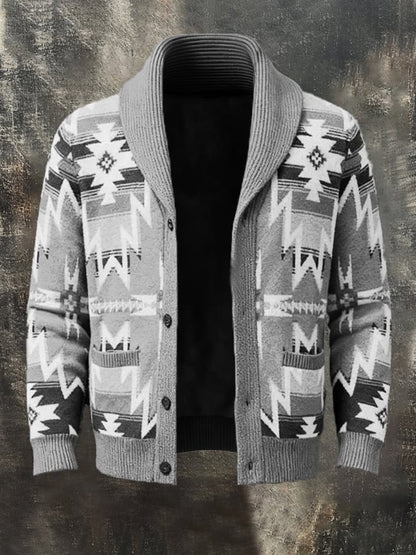 Men's Retro Contrast Pattern Knitted Cardigan Jacket