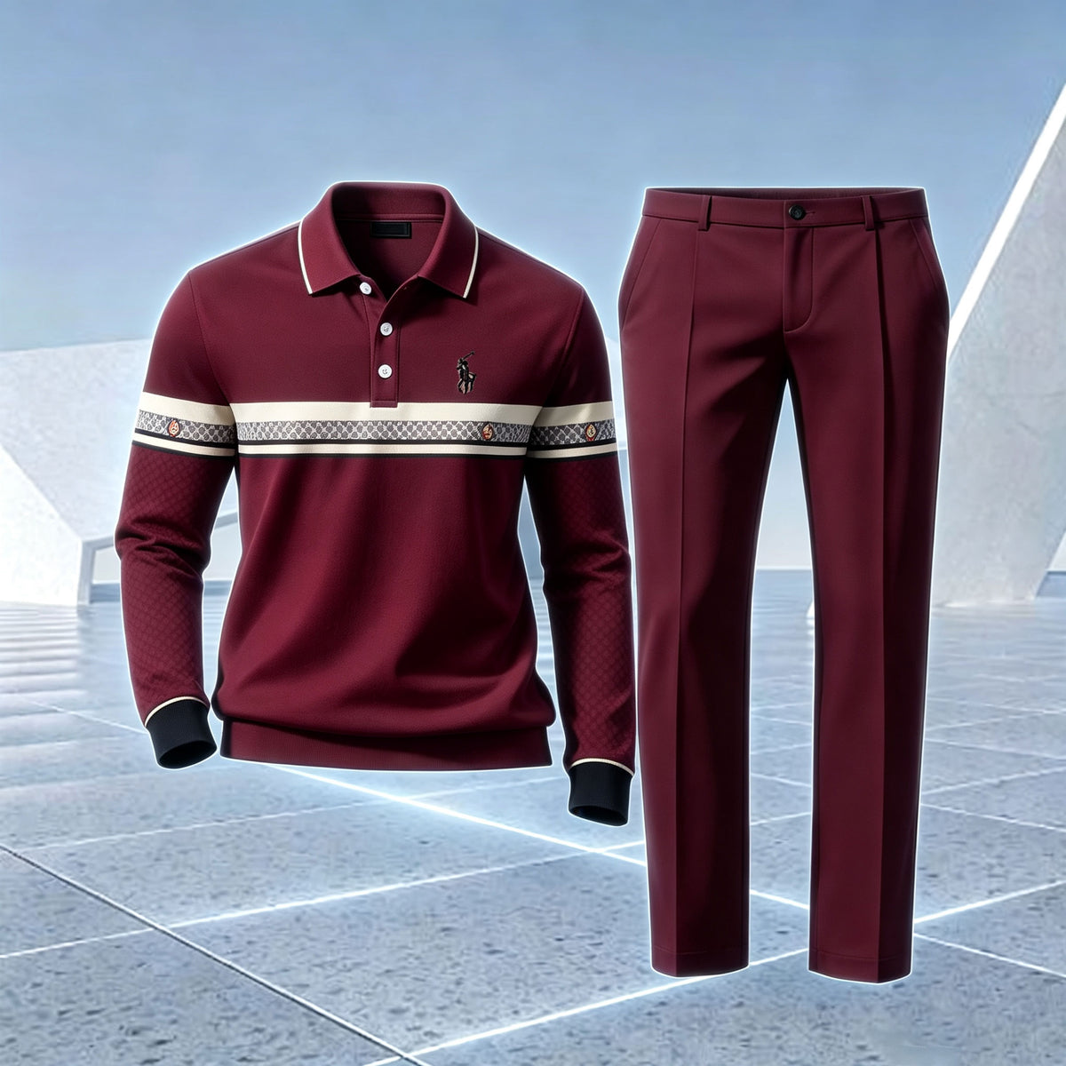 Men's Horizontal-Striped Polo Shirt and Pants Set