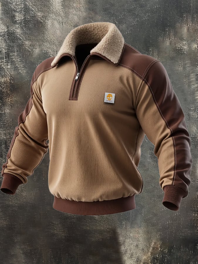 Men's Retro Splicing Zipper Fur Collar Sweatshirt