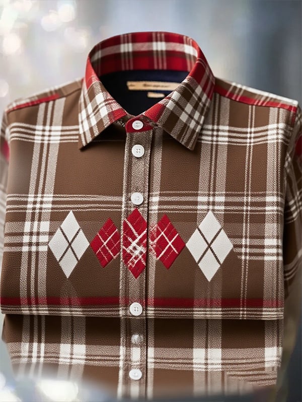 Men's Classic Business Check Logo Lapel Short Sleeve Shirt