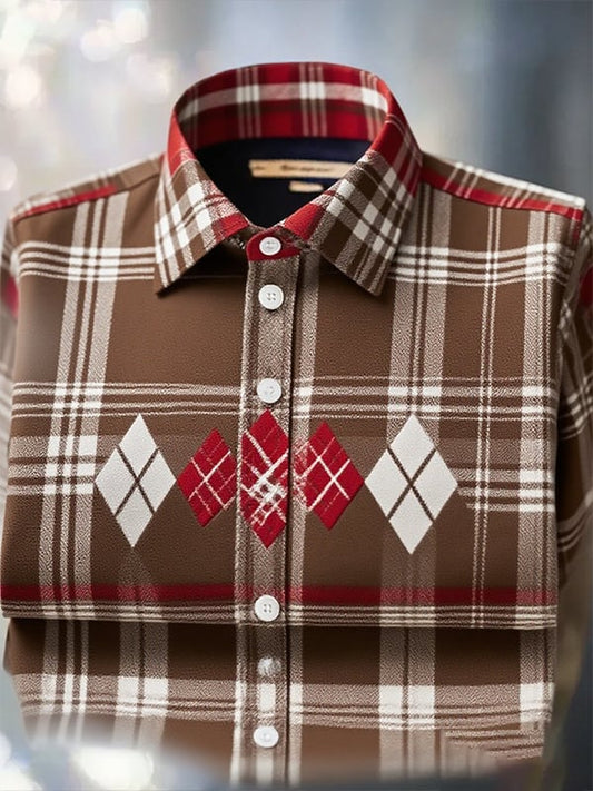 Men's Classic Business Check Logo Lapel Short Sleeve Shirt