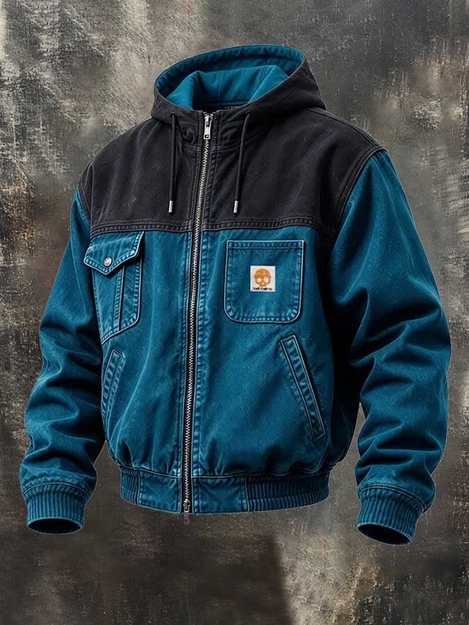 Men's Retro Color-Block Zip-Up Hooded Utility Jacket