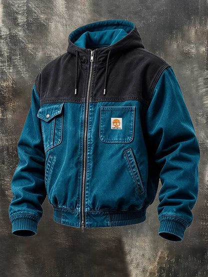 Men's Retro Color-Block Zip-Up Hooded Utility Jacket