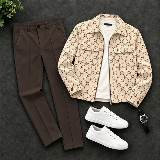 Men's Geometric Print Zipper Cardigan and Pants Set