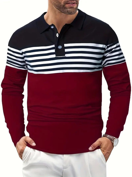 Men's Business Casual Striped Long-Sleeved Polo Shirt