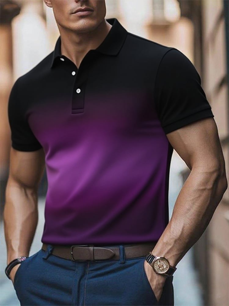 Men's Business Casual Gradient Button Short Sleeve Polo Shirt