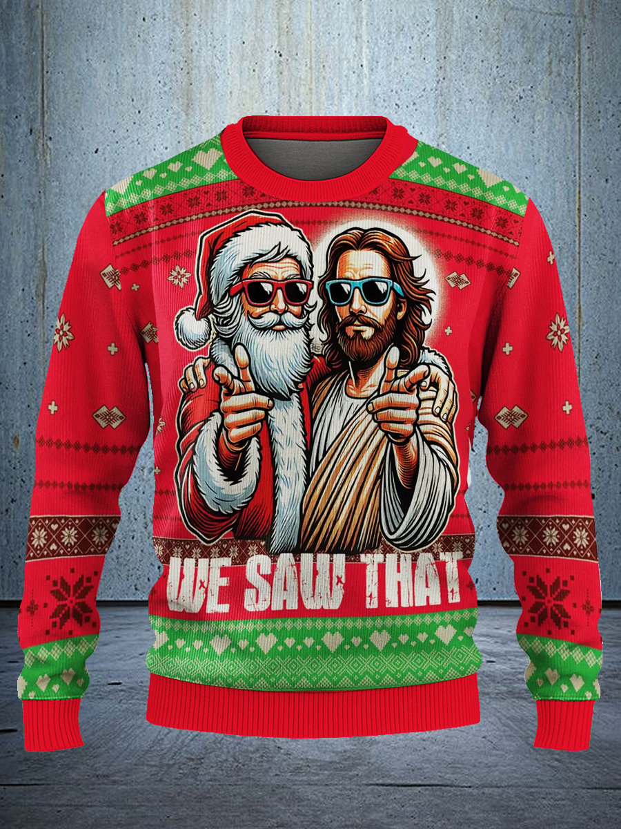We Saw That Funny Christmas Sweater, Santa and Jesus All Over Print Ugly Sweater