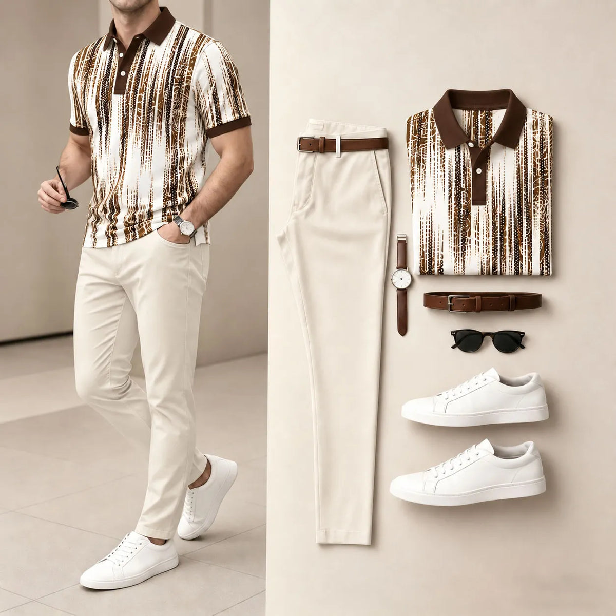 Men's Printed Short-Sleeve Polo Shirt and Pants Set