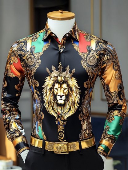Men's Satin Luxe Lion Long Sleeve Button Down Shirt