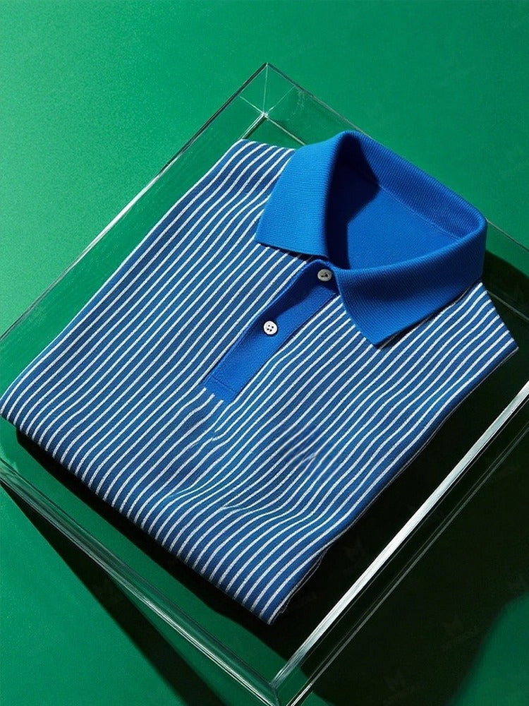 Men's Business Casual Striped Button Short Sleeve Polo Shirt