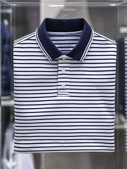 Men's Business Casual Striped Button Short Sleeve Polo Shirt