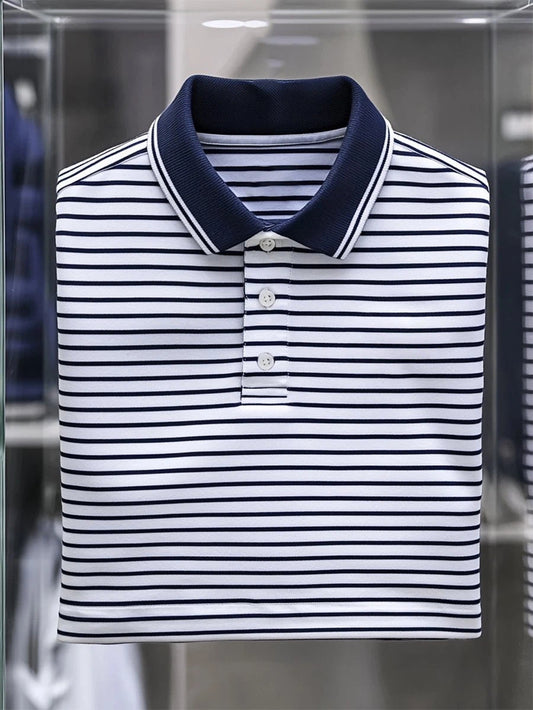 Men's Business Casual Striped Button Short Sleeve Polo Shirt