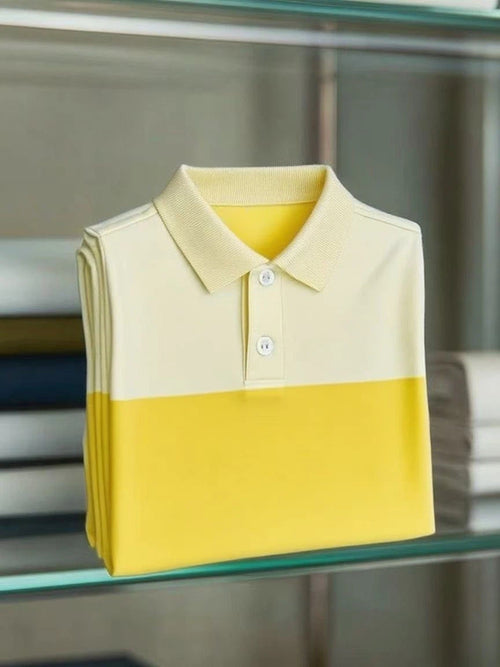 Men's Business Casual Color Block Stripe Logo Button Short Sleeve Polo Shirt