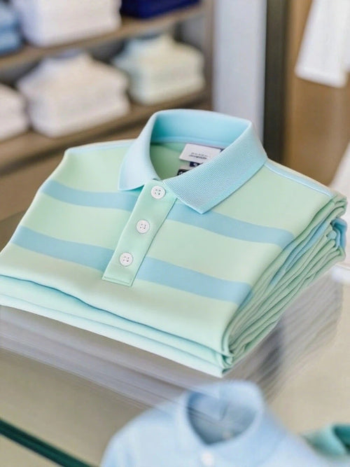 Men's Business Casual Color Block Stripe Logo Button Short Sleeve Polo Shirt