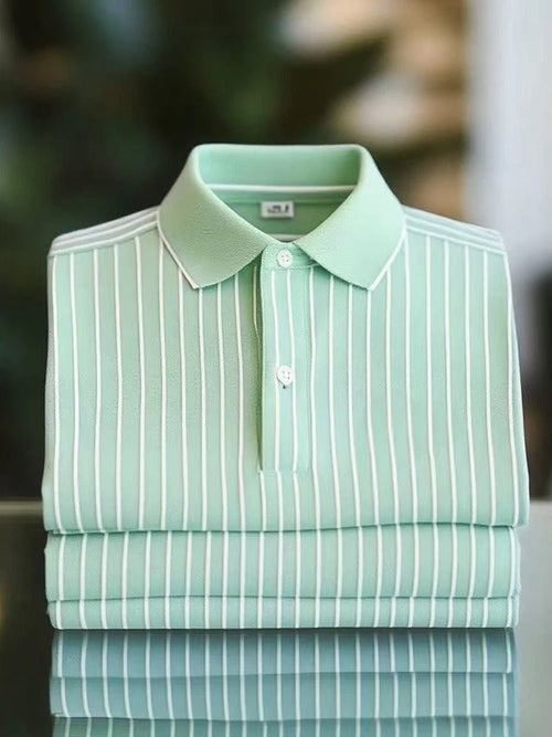 Men's Business Casual Color Block Stripe Logo Button Short Sleeve Polo Shirt