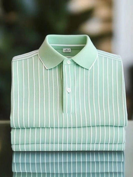Men's Business Casual Color Block Stripe Logo Button Short Sleeve Polo Shirt