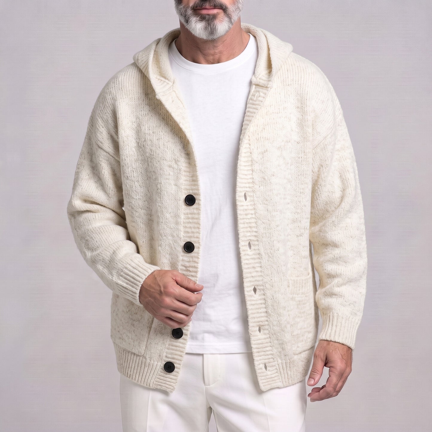 Men's Casual Solid Color Single Breasted Pockets Drop Shoulder Loose Knit Hooded Cardigan
