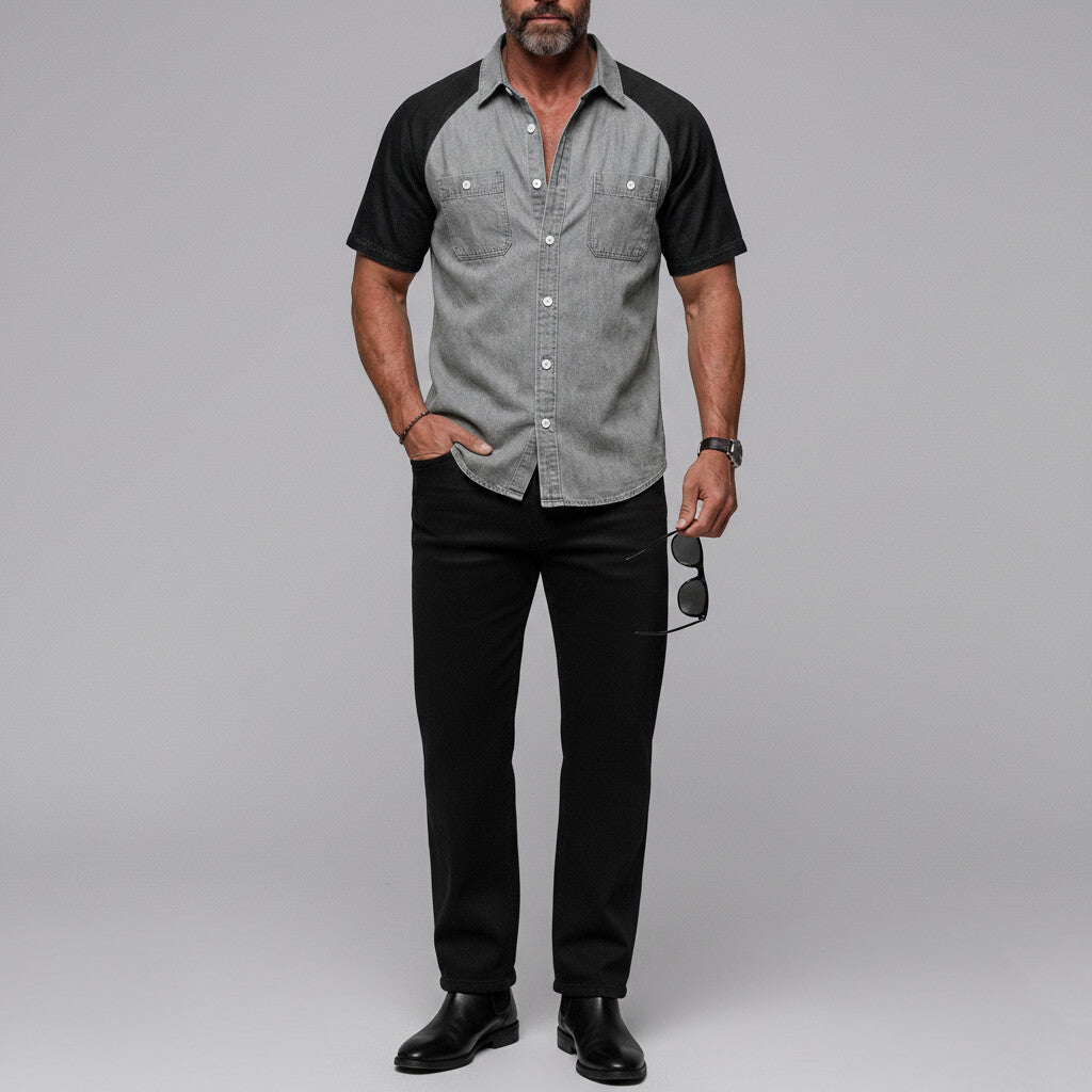 Men's Casual Patch Pockets Button-Up Colorblock Raglan Sleeve Shirt