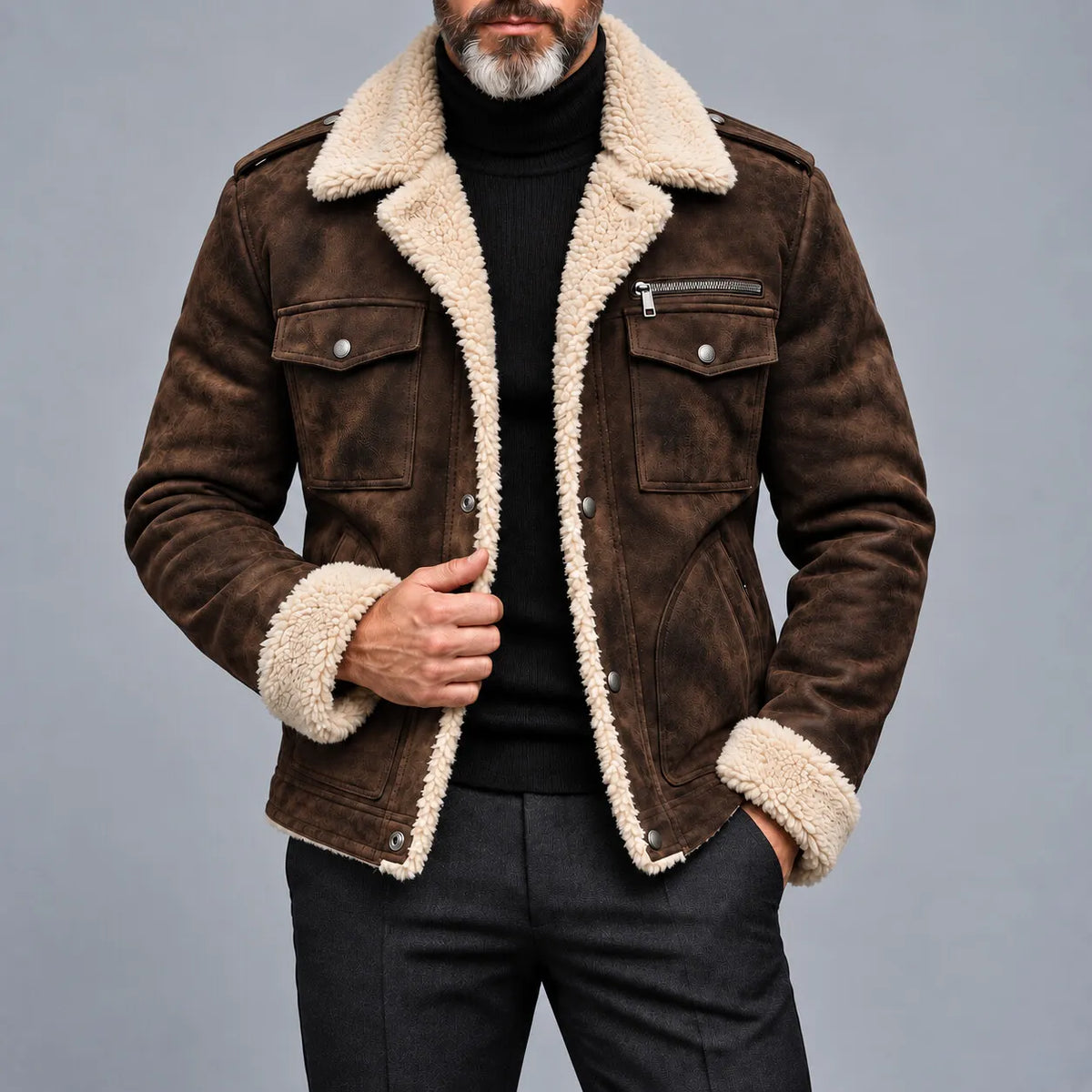 Men's Solid Color Suede Multi-Pocket Single Breasted Sherpa Lining Jacket