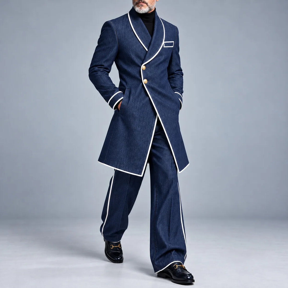 Men's Navy Blue Contrast Piping Shawl Lapel Asymmetrical Overcoat & Pants Denim-Like 2Pcs Set