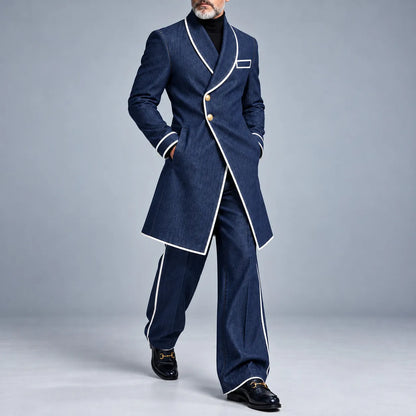 Men's Navy Blue Contrast Piping Shawl Lapel Asymmetrical Overcoat & Pants Denim-Like 2Pcs Set