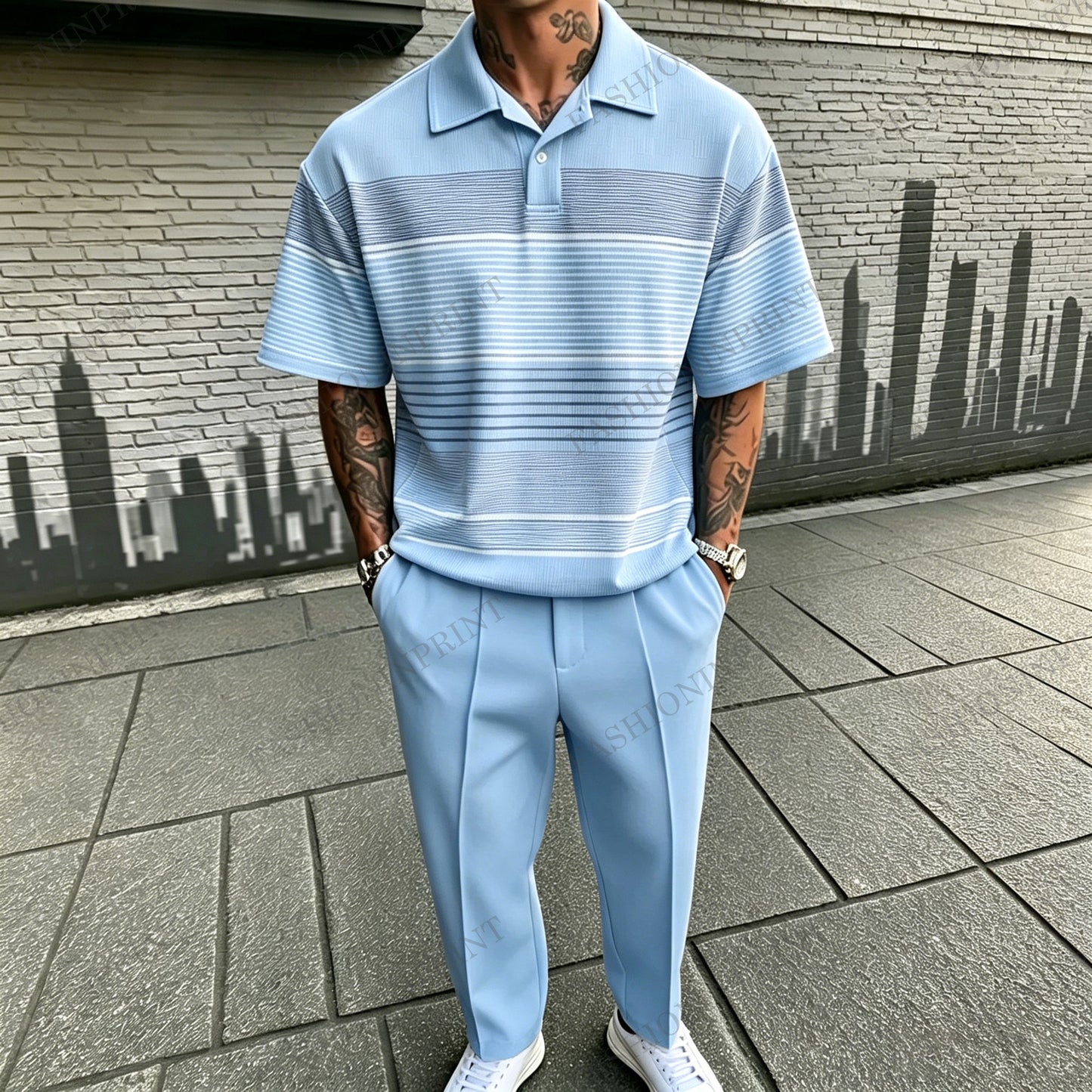 Men's Casual Light Blue Printed Polo Shirt And Pants Two-Piece Set
