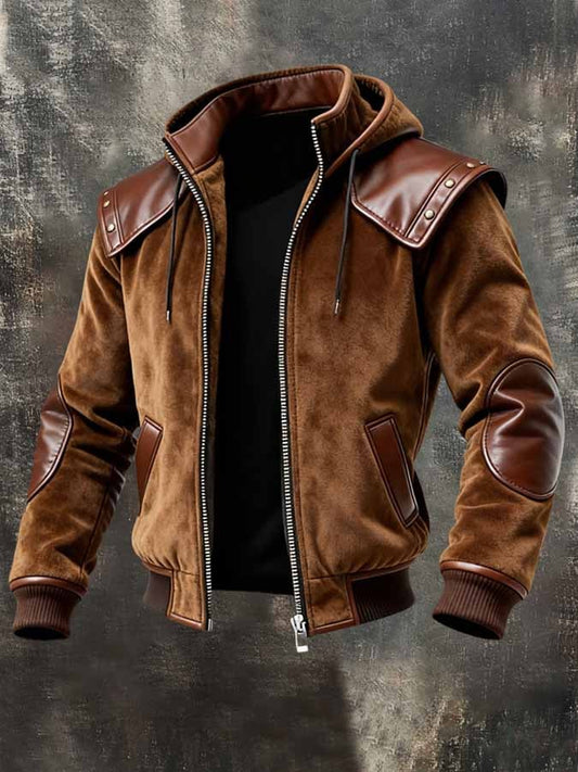 Men's Vintage Color-Block Leather Outdoor Jacket